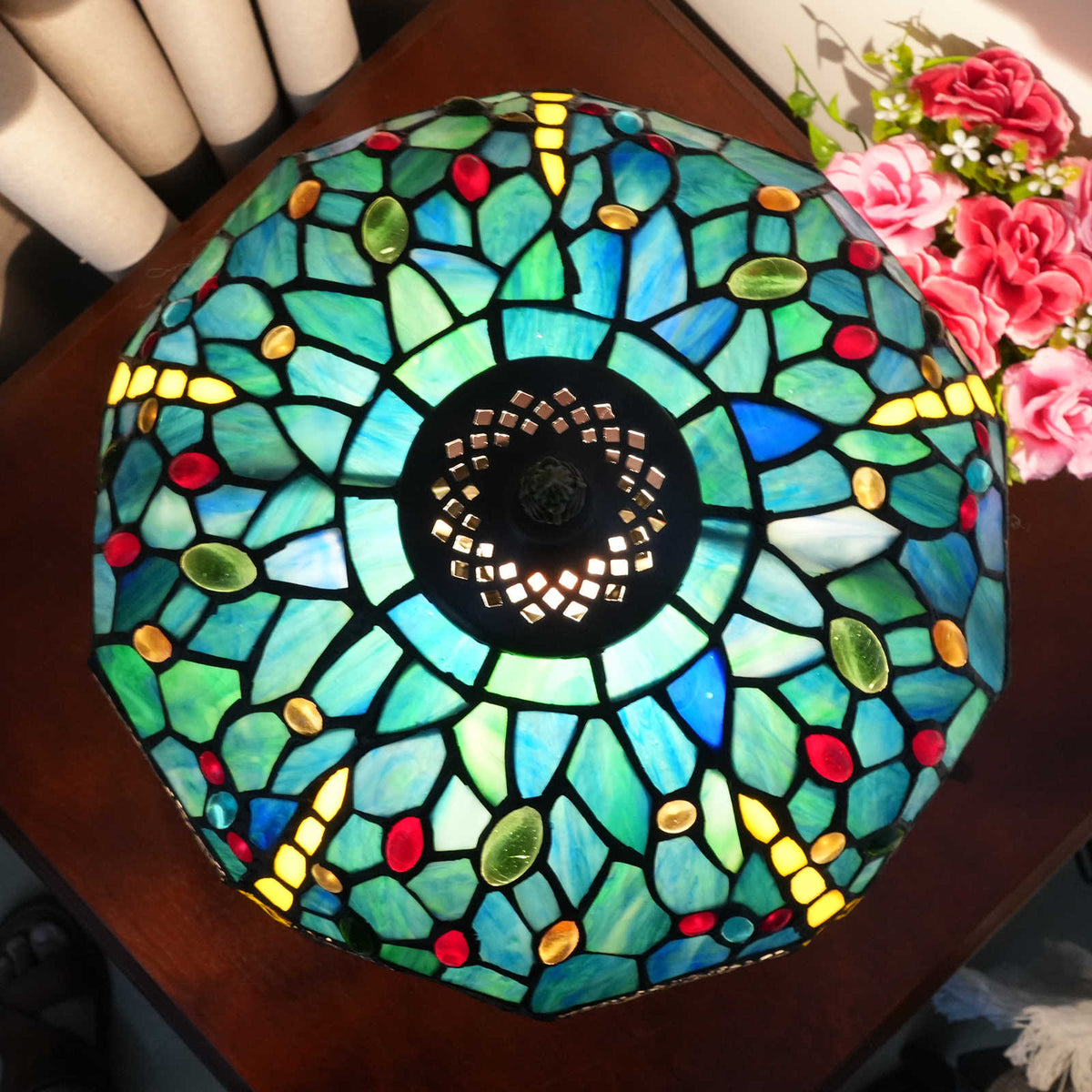 Lampe de Table Tiffany Libellule Bleue en Verre Teinté