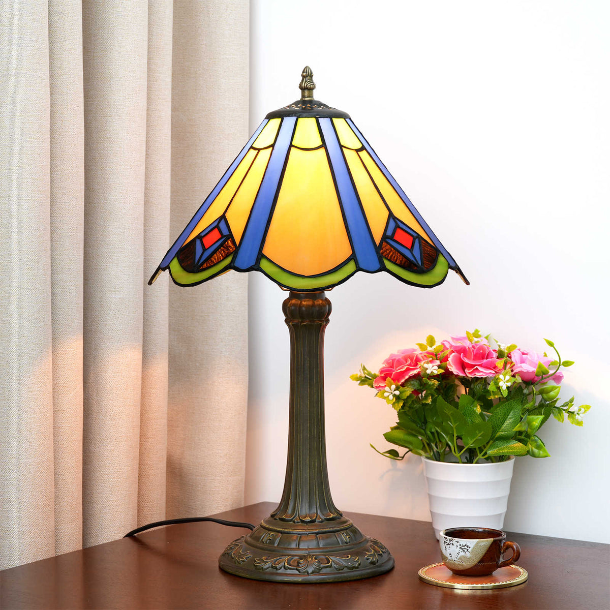 Lampe de Table en Verre Tiffany et Bronze Antique