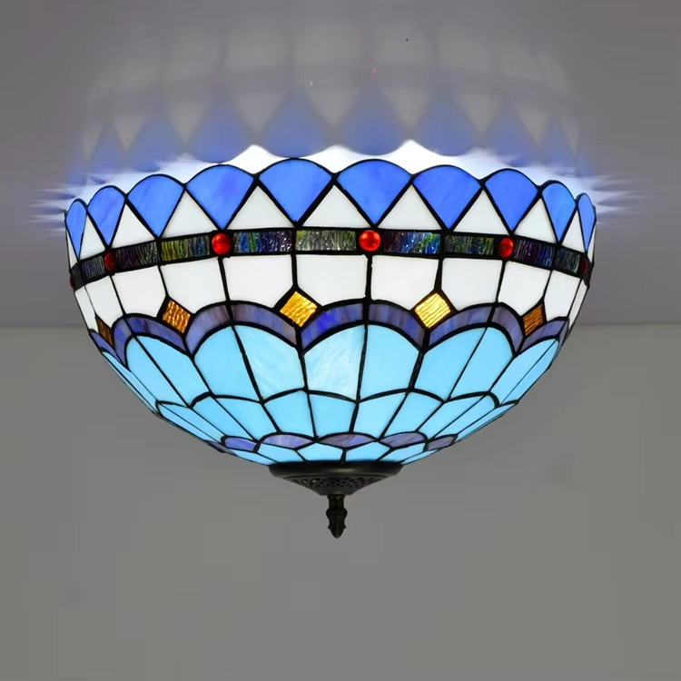 Plafonnier Dôme en Vitrail Style Tiffany Bleu et Blanc