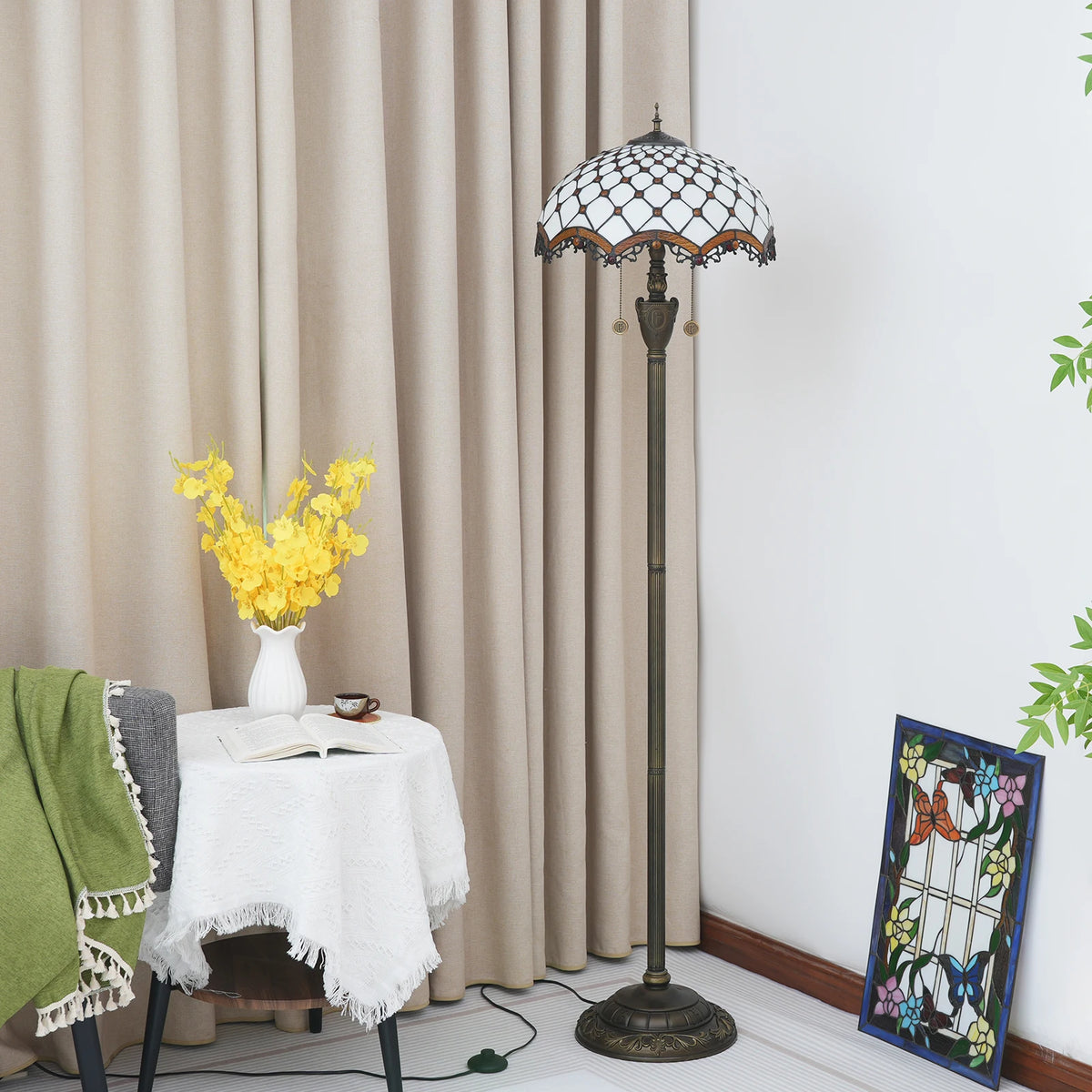 Lampadaire Vitrail Tiffany Ambre et Résine