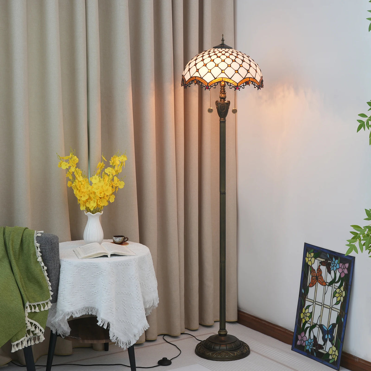 Lampadaire Vitrail Tiffany Ambre et Résine