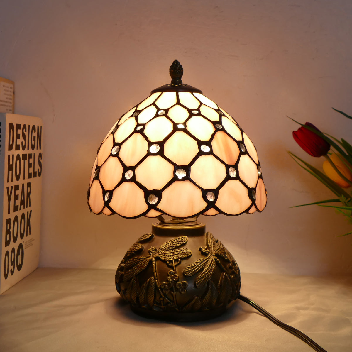 Lampe à Poser Tiffany en Verre et Résine Libellules