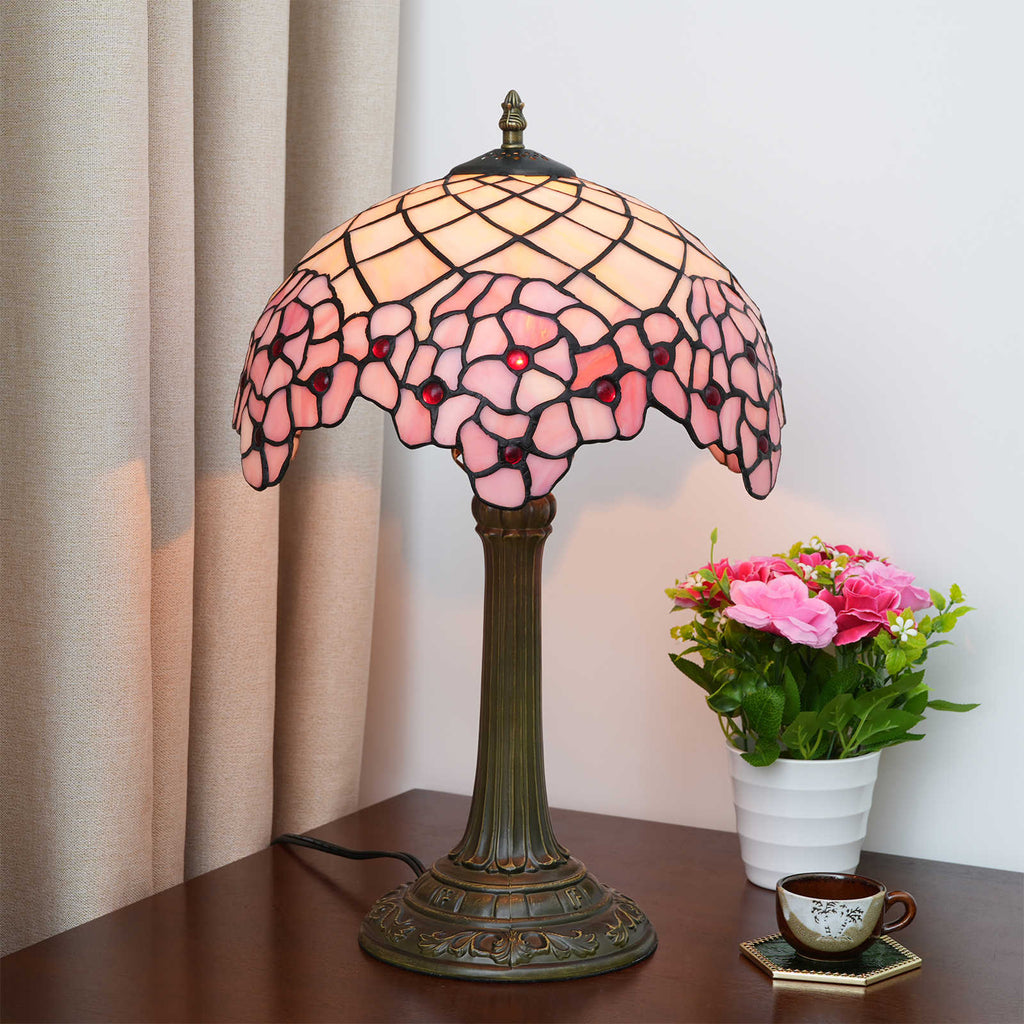 Lampe de Table Tiffany en Verre Teinté Rose Floral