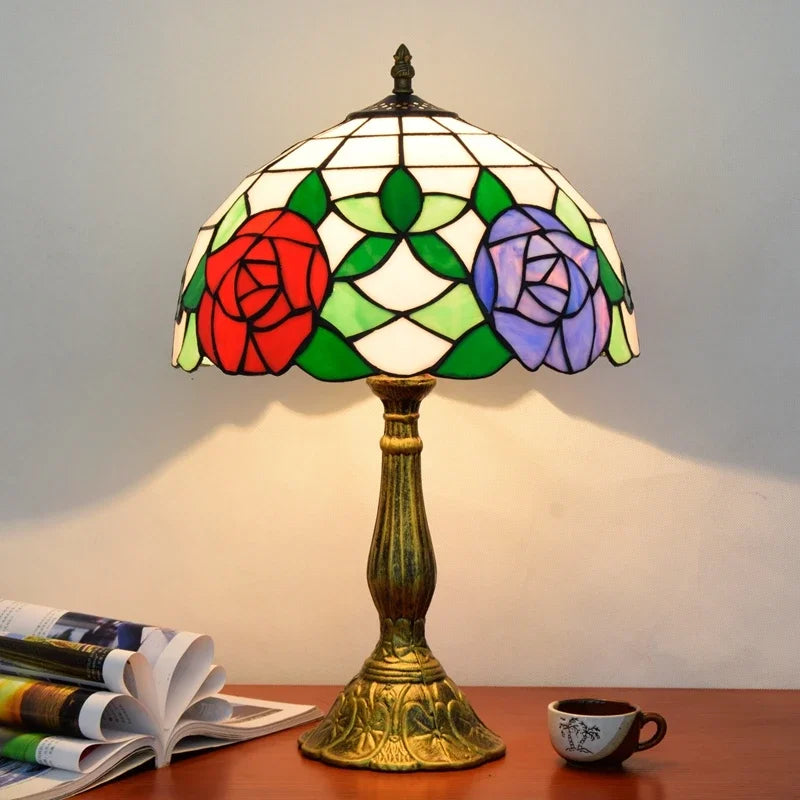 Lampe de Table Tiffany à Vitrail Roses Rouges et Violettes