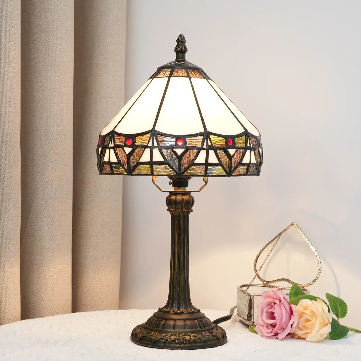 Lampe de Table Verre Teinté Style Tiffany Bronze Vieilli