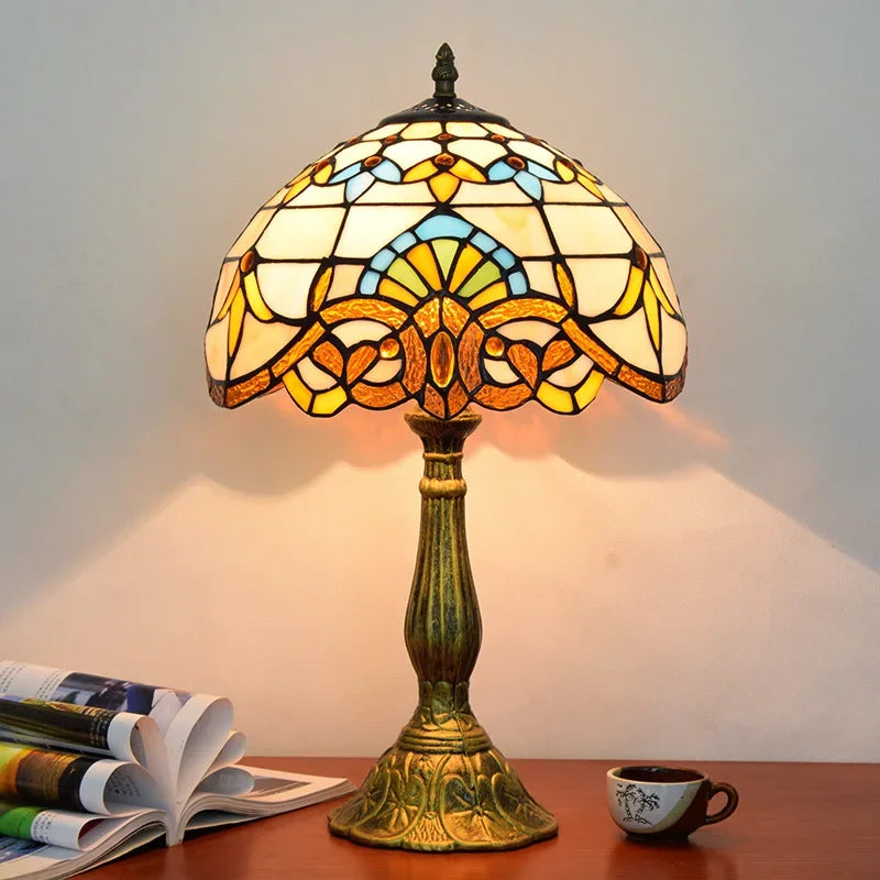 Lampe de Table Tiffany en Vitrail Floral Bronze Antique