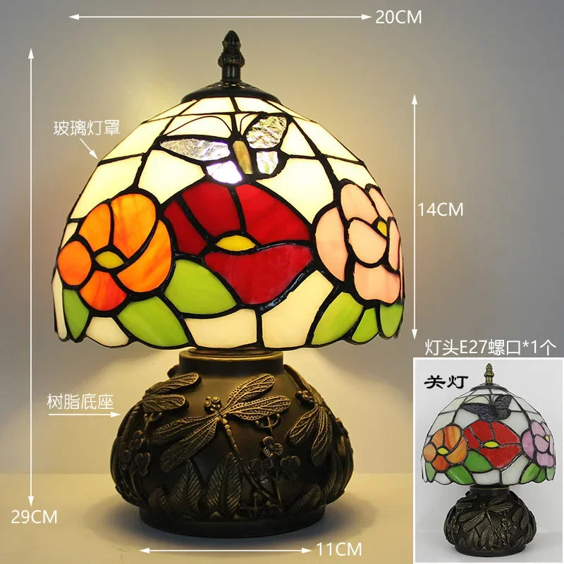 Lampe Tiffany en Vitrail Floral Coquelicots, Base Libellule