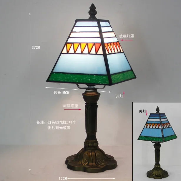 Lampe de Table en Vitrail Bleu Vert Géométrique