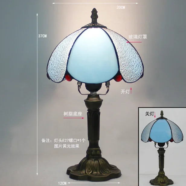 Lampe de Table Style Tiffany en Verre Bleu et Résine Bronze