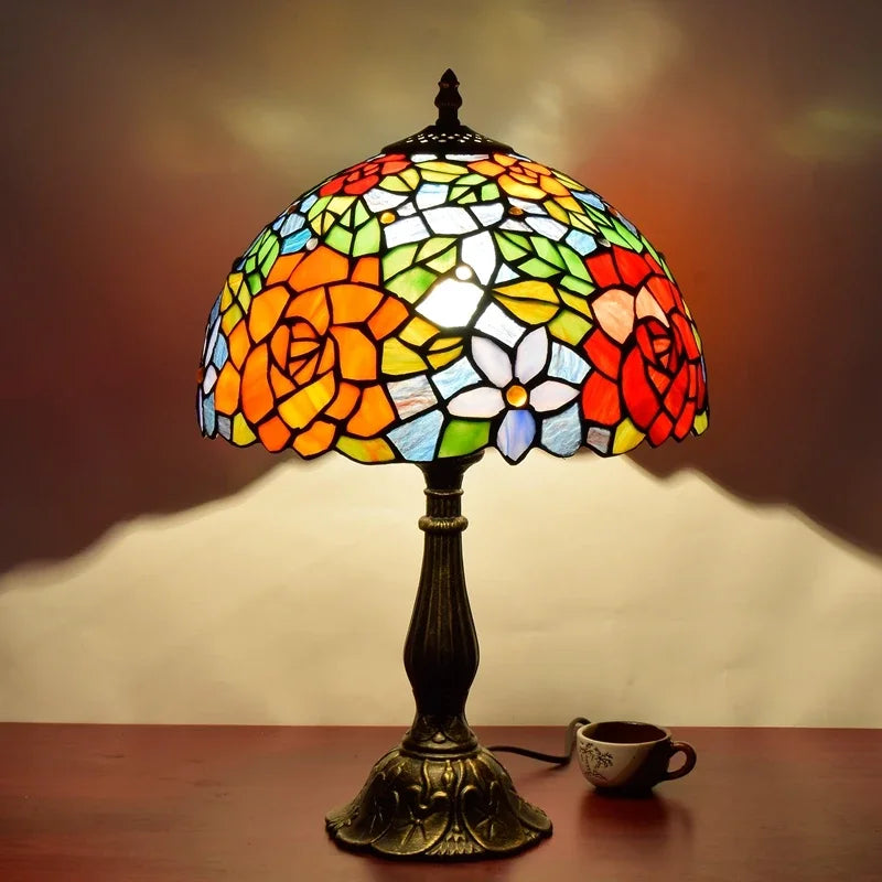 Lampe De Table en Vitrail Floral Multicolore Style Tiffany