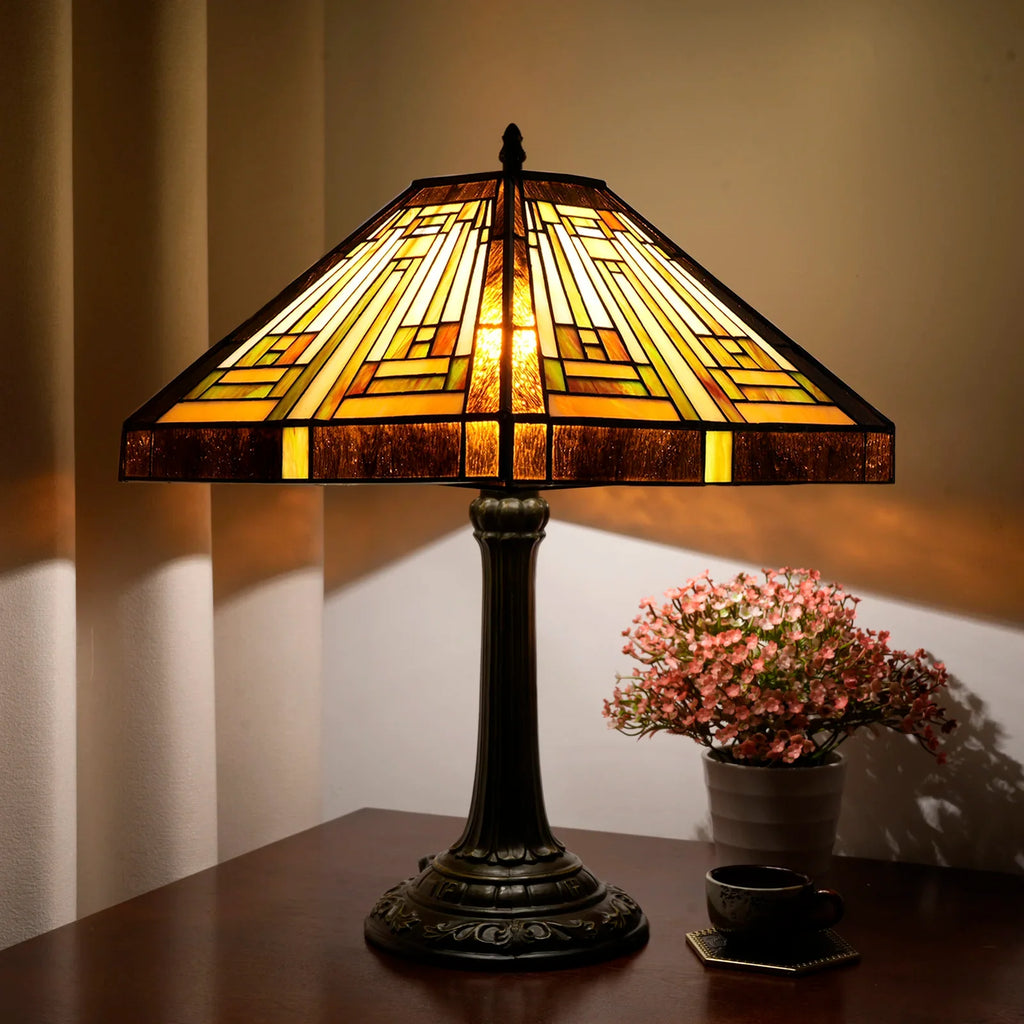 Lampe de Table Style Tiffany en Vitrail Ambré Géométrique