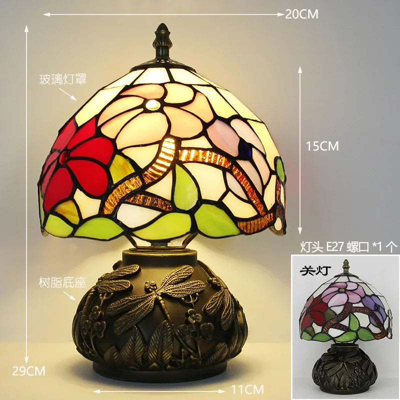 Lampe de Table Tiffany en Vitrail Floral et Résine Libellule