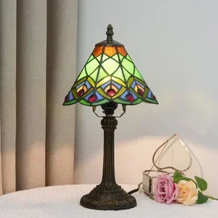 Lampe de Table en Verre Tiffany Vert Géométrique