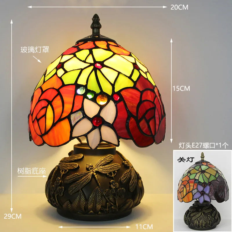 Lampe de Table en Vitrail Style Tiffany Roses et Libellules