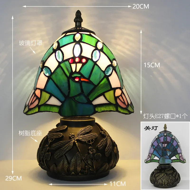 Lampe de Table Tiffany Paon Vert & Bleu avec Libellules