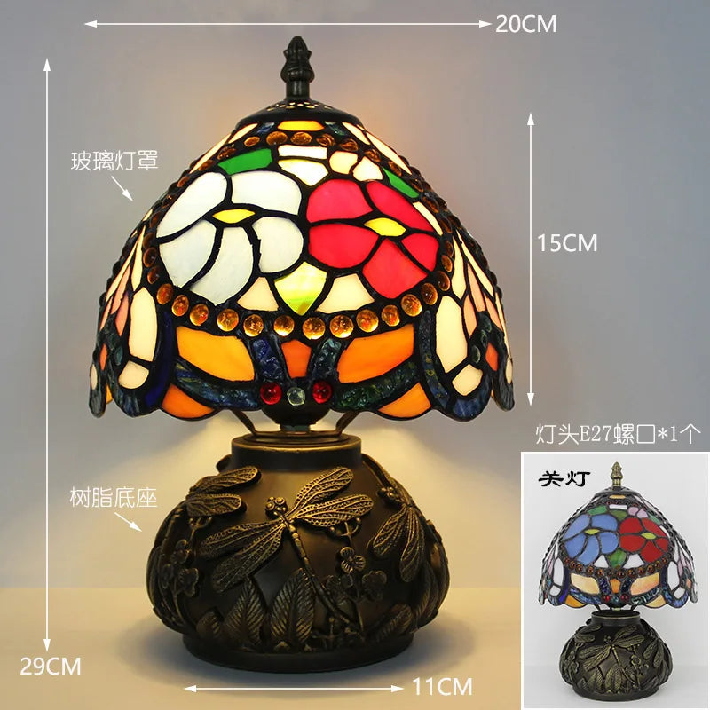 Lampe de Table en Vitrail Multicolore à Base Libellules
