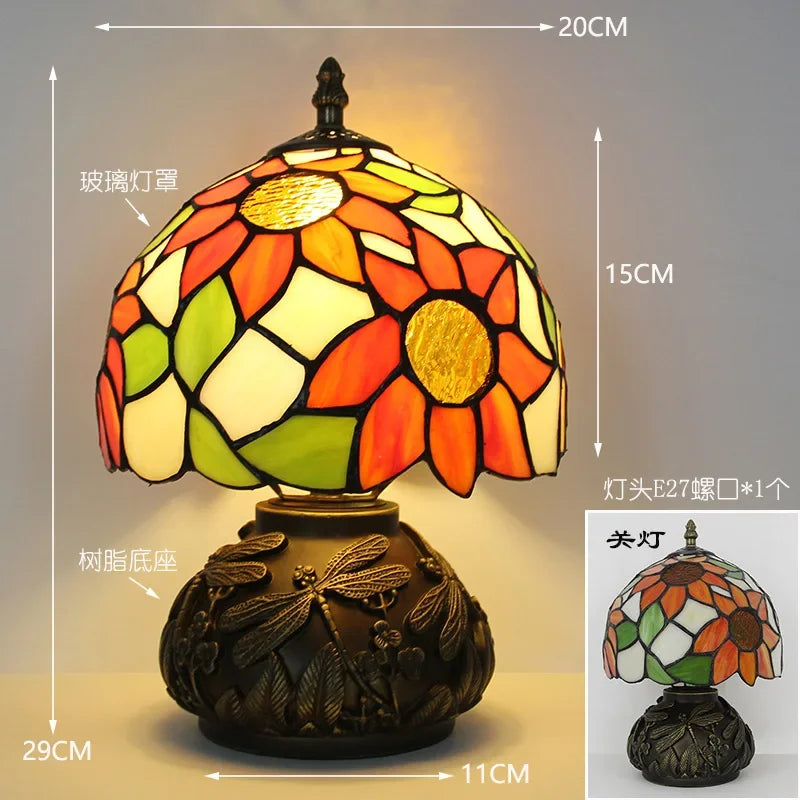 Lampe de Table Tiffany en Verre à Tournesols et Libellules