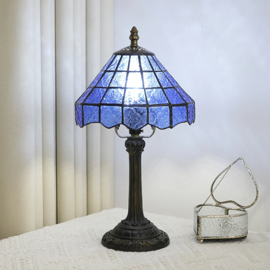 Lampe de Table Vintage à Abat-jour en Verre Bleu Gaufré