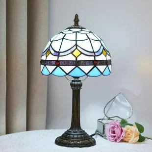 Lampe de Table Style Tiffany à Vitrail Bleu et Blanc