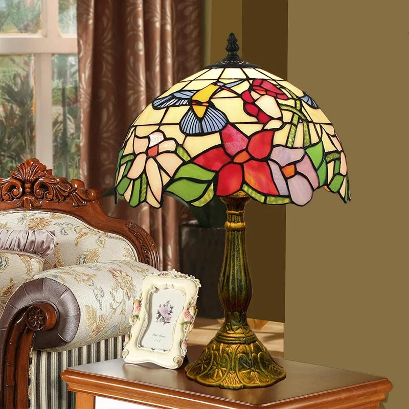Lampe Tiffany en Vitrail Floral et Colibri