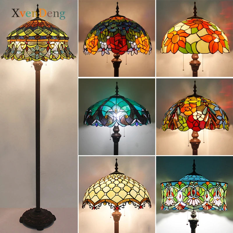 Lampadaire en Vitrail Tiffany Floral Coloré