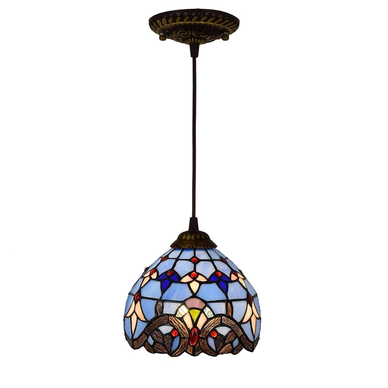 Luminaire Suspendu en Verre Teinté Style Tiffany Bleu