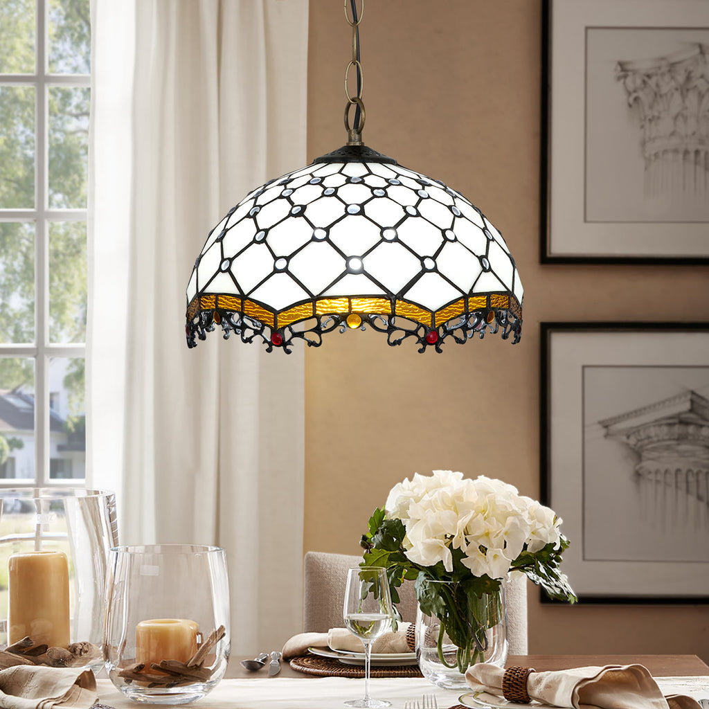 Suspension Style Tiffany en Vitrail Crème Ambre