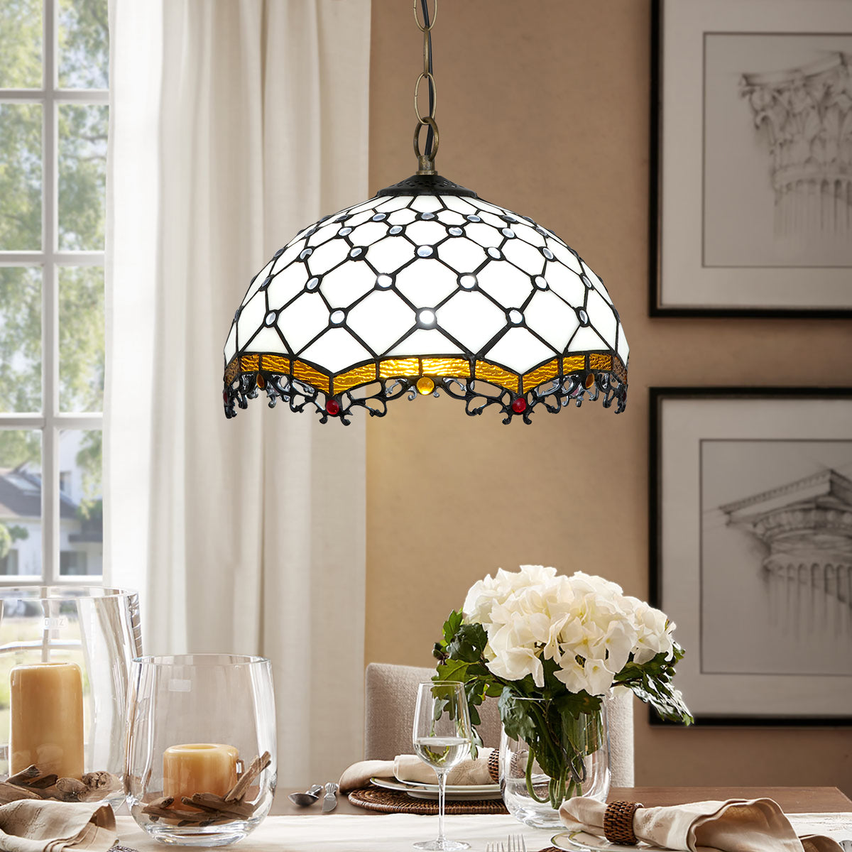 Suspension Style Tiffany en Vitrail Crème Ambre