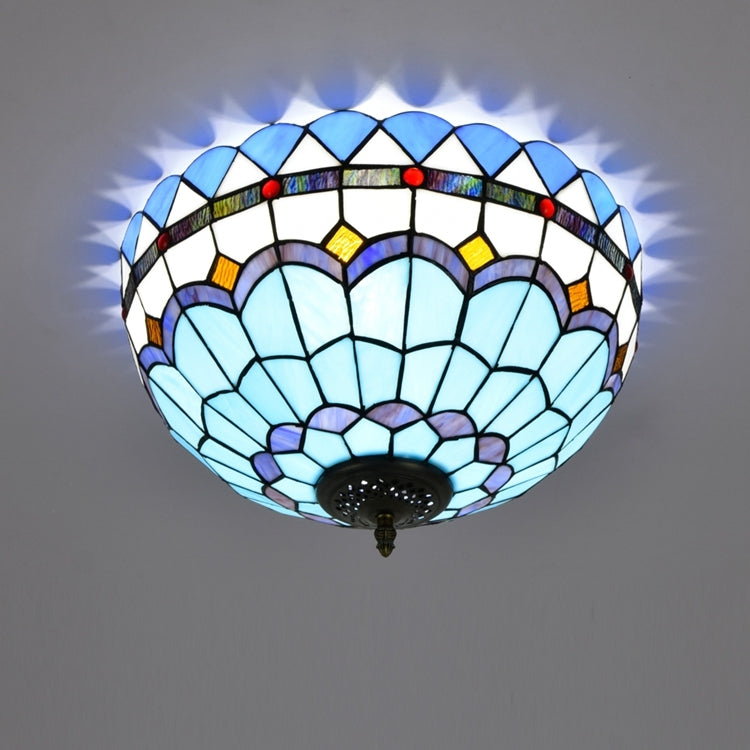 Plafonnier Dôme en Vitrail Style Tiffany Bleu et Blanc