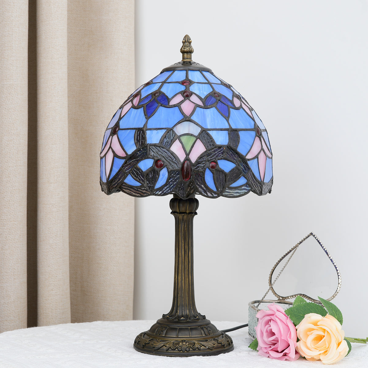 Lampe de Table Art Nouveau en Vitrail Violet Motif Floral