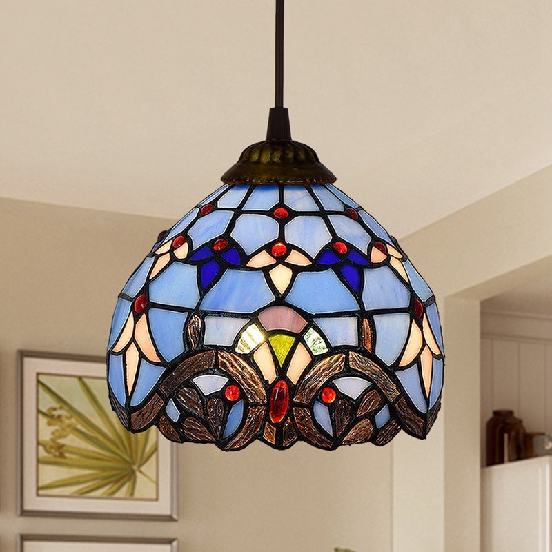 Luminaire Suspendu en Verre Teinté Style Tiffany Bleu