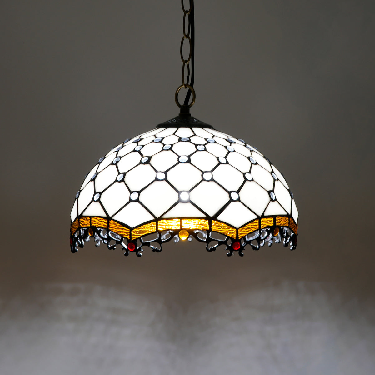 Suspension Style Tiffany en Vitrail Crème Ambre
