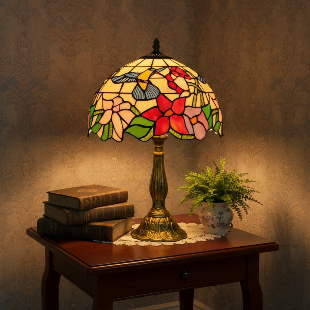 Lampe Tiffany en Vitrail Floral et Colibri