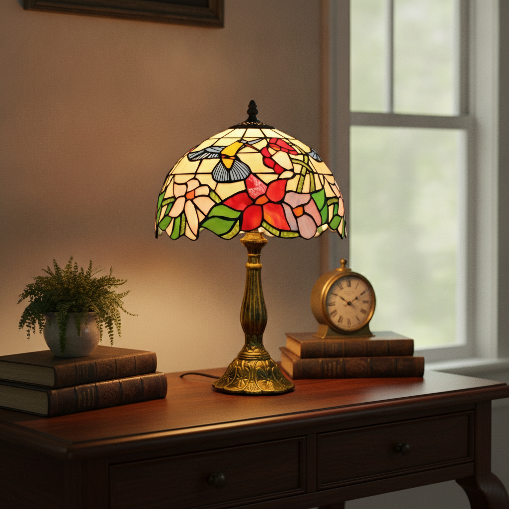 Lampe Tiffany en Vitrail Floral et Colibri