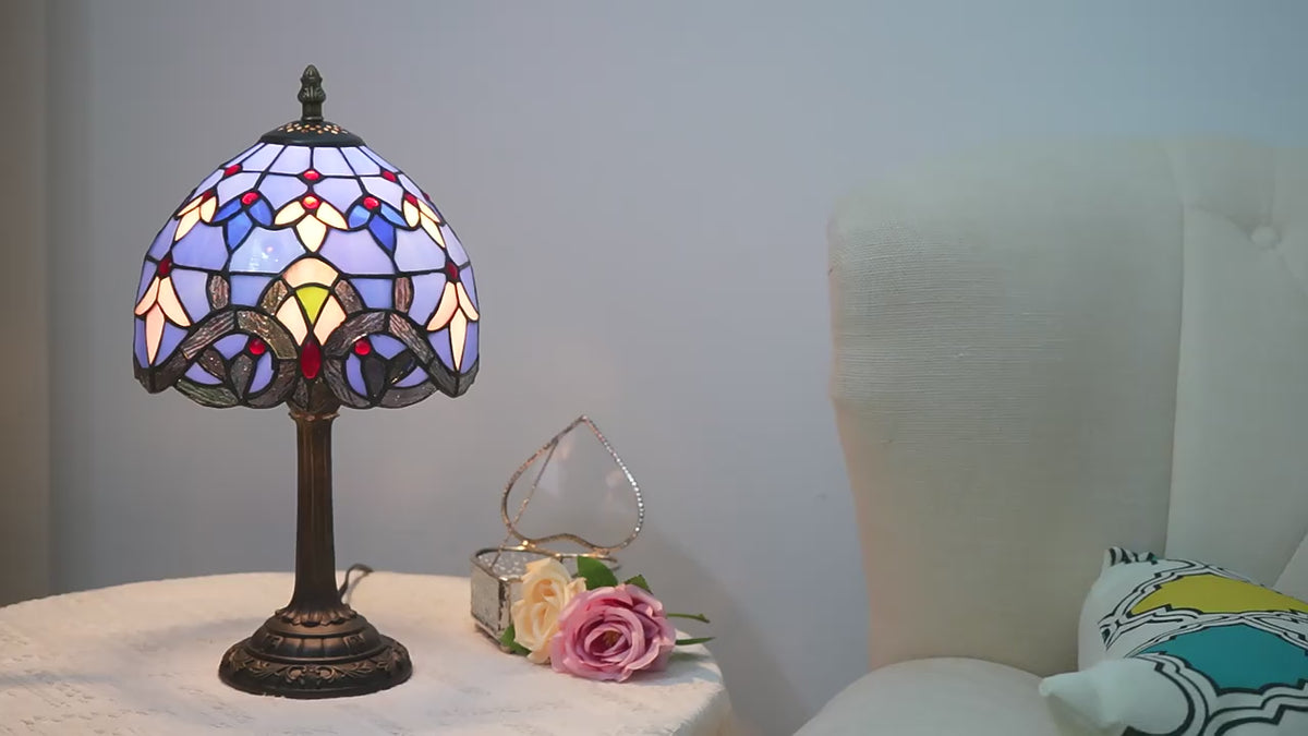 Lampe de Table Art Nouveau en Vitrail Violet Motif Floral