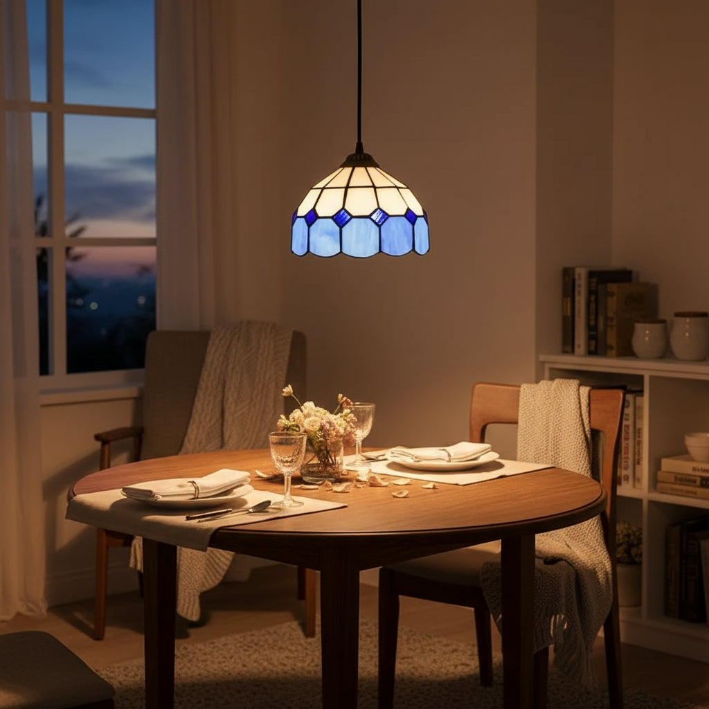 Suspension Luminaire Tiffany Géométrique Blanche et Bleue