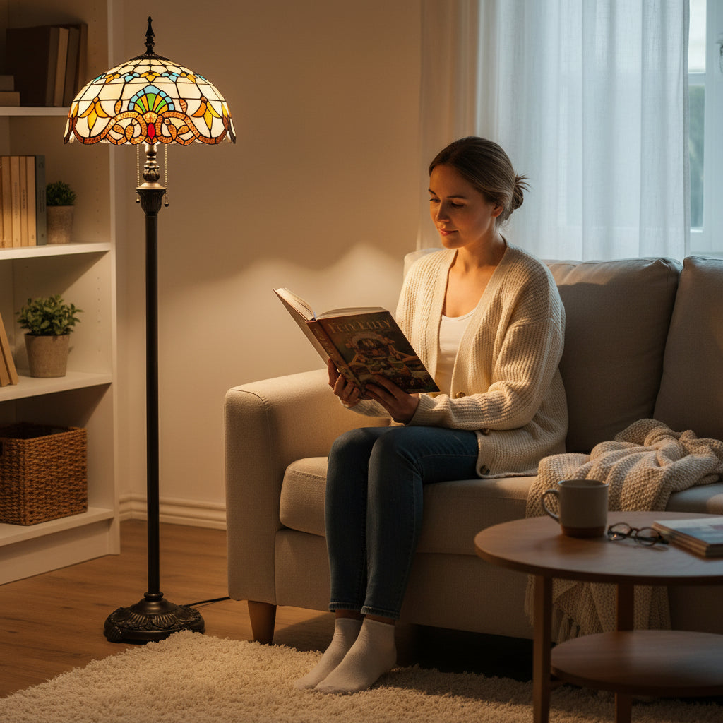 Lampadaire Style Tiffany en Vitrail Multicolore