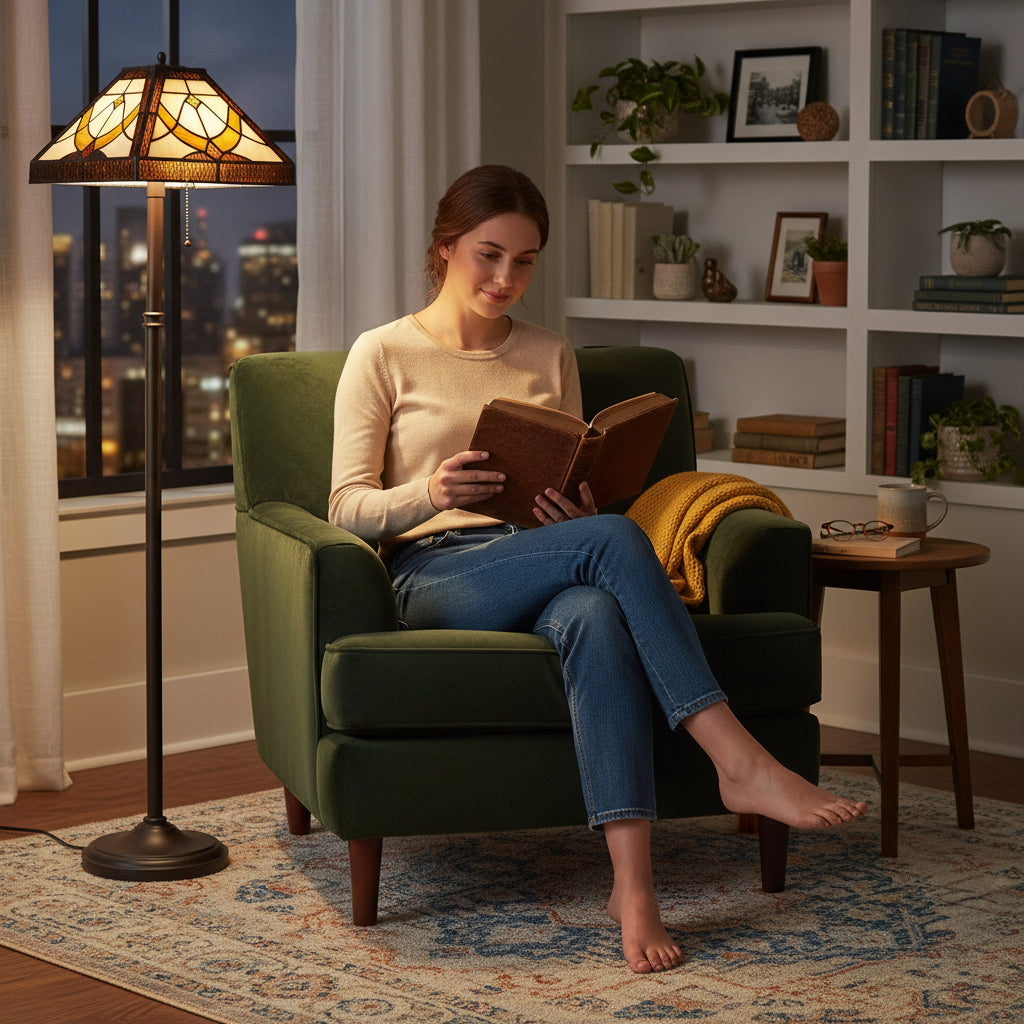 Abat-jour Carré de Style Tiffany Crème et Ambre