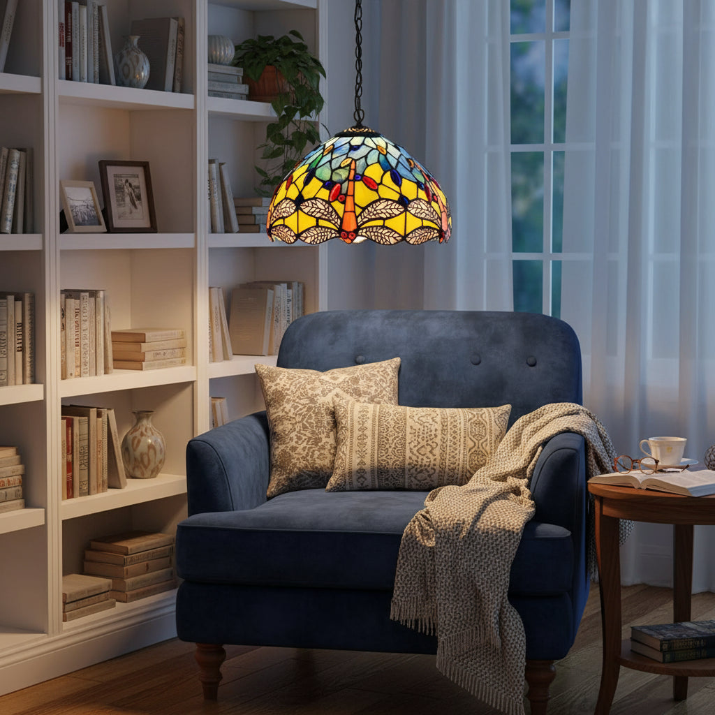 Suspension Tiffany en Vitrail Libellule Jaune Bleu