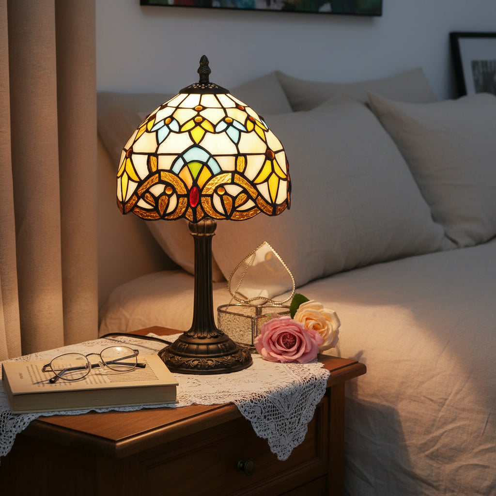 Lampe de Table Tiffany en Vitrail Jaune et Bleu
