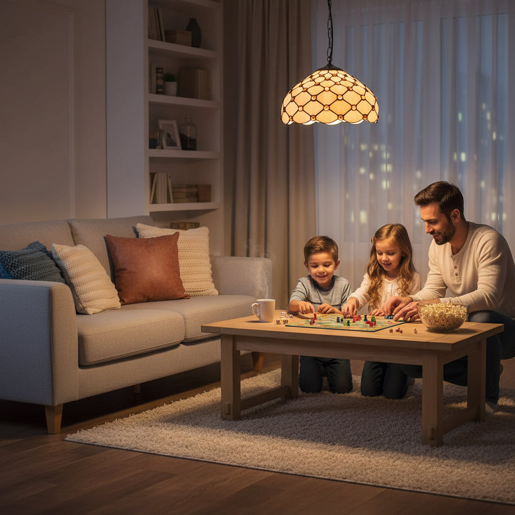 Suspension Luminaire Style Tiffany avec Joyaux Ambrés