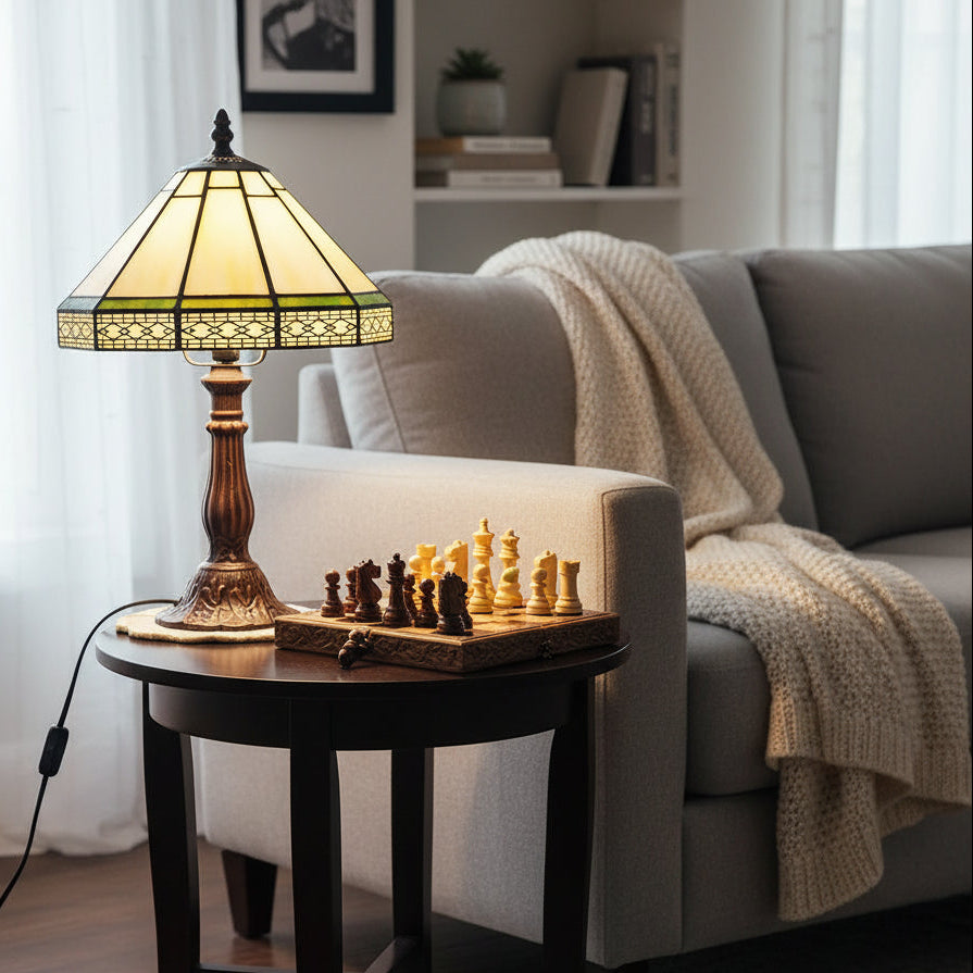 Lampe à Poser Tiffany en Vitrail Jaune et Vert
