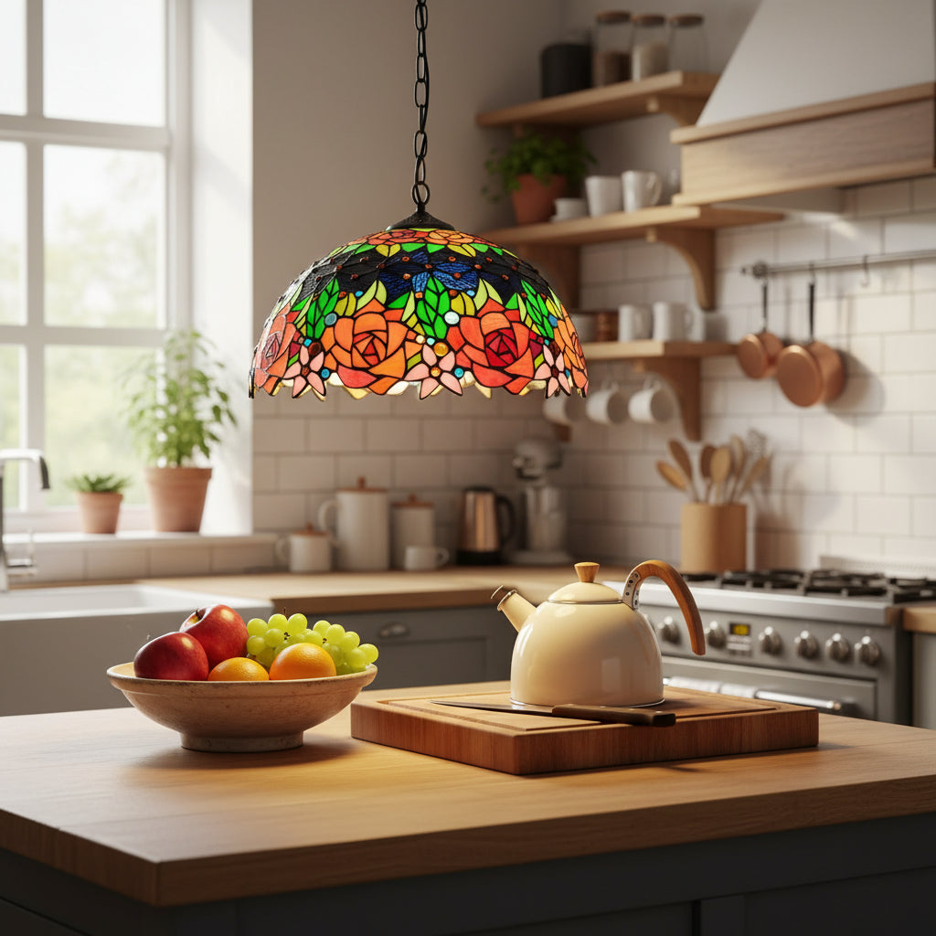 Suspension Tiffany à Vitrail de Roses Multicolores Ø40cm