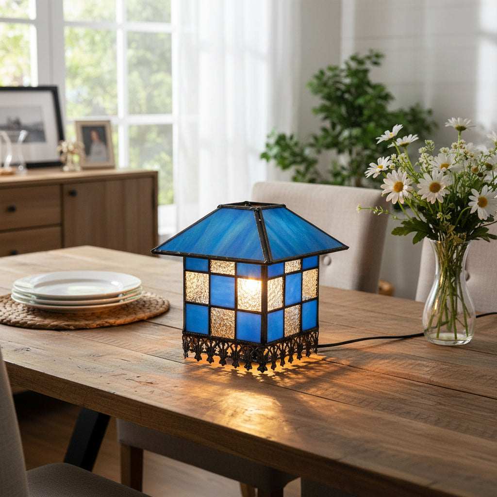 Lanterne En Verre Teinté Bleu À Carreaux Géométriques
