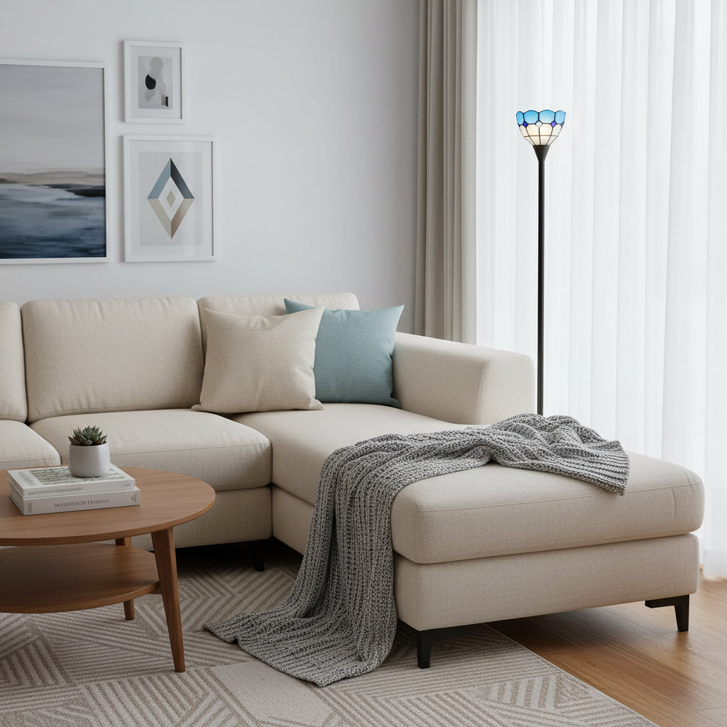 Lampadaire en Vitrail Bleu et Blanc à Forme de Tulipe