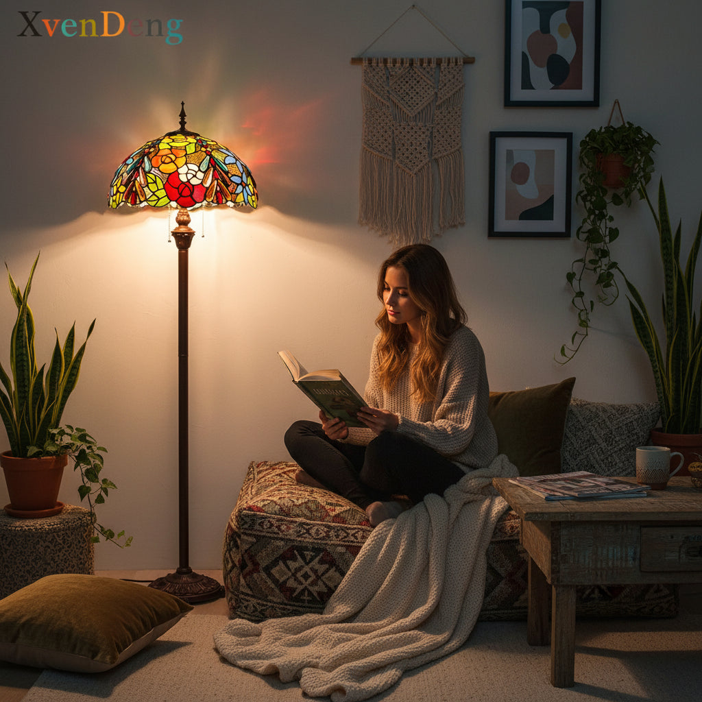 Lampadaire Style Tiffany Floral en Verre Multicolore