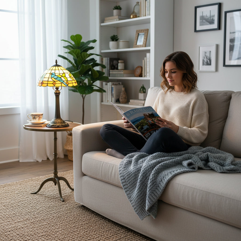Lampe Tiffany en Vitrail à Motif Oiseau Bleu et Feuilles