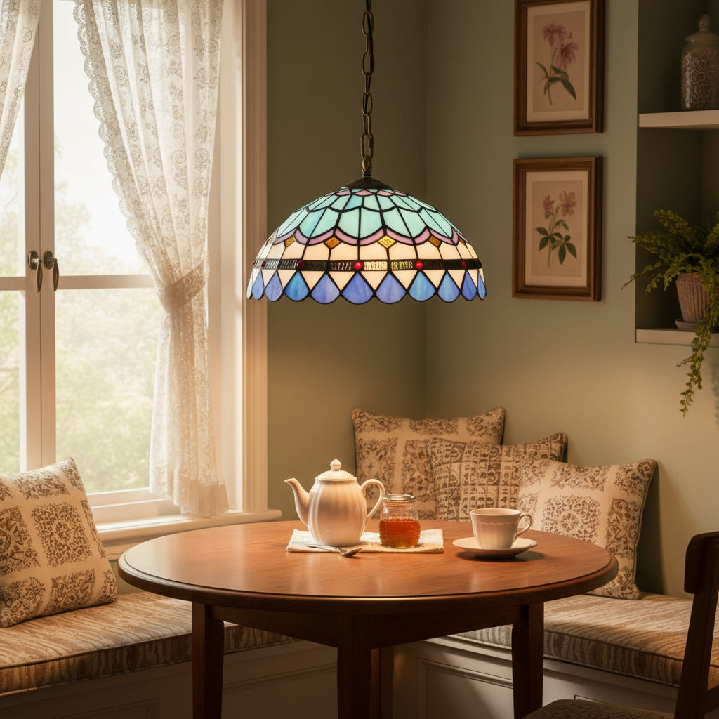 Suspension Luminaire en Vitrail Tiffany Bleue Géométrique D30cm