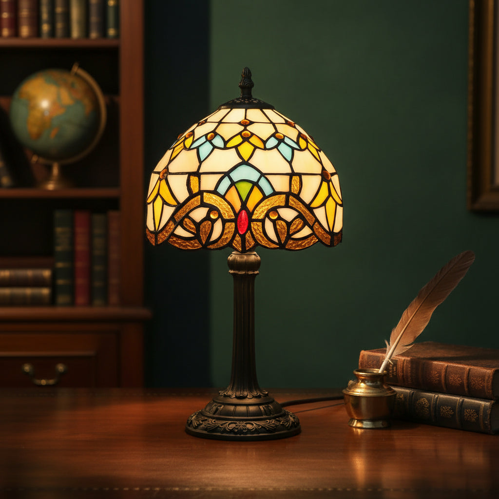 Lampe de Table Tiffany en Vitrail Jaune et Bleu