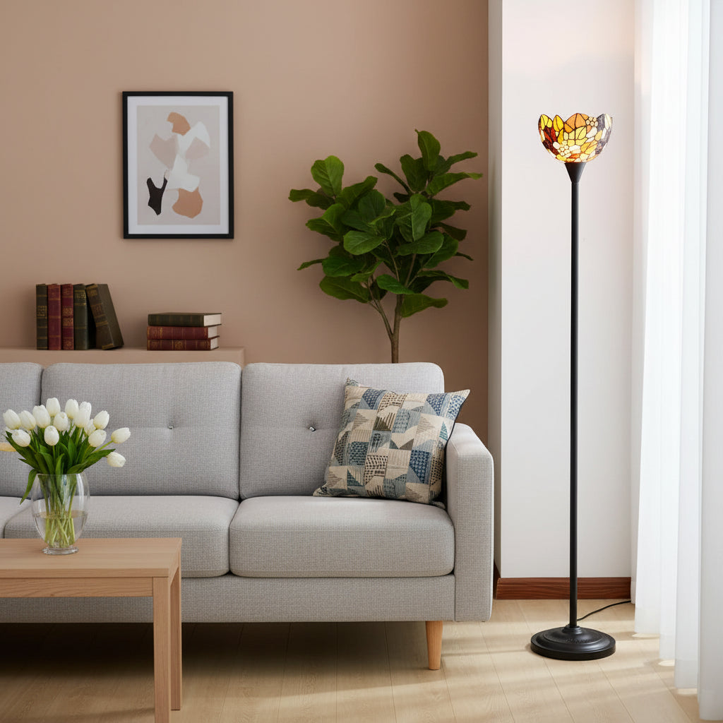 Lampadaire Style Tiffany Floral en Verre Teinté